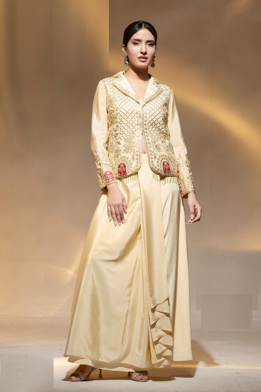 Women Beige Crape Beads Embroidery Work Indo Western Outfit Set