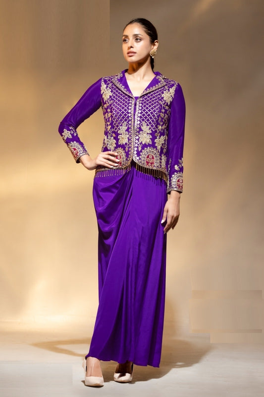 Women Purple Crape Beads Embroidery Work Indo Western Outfit Set
