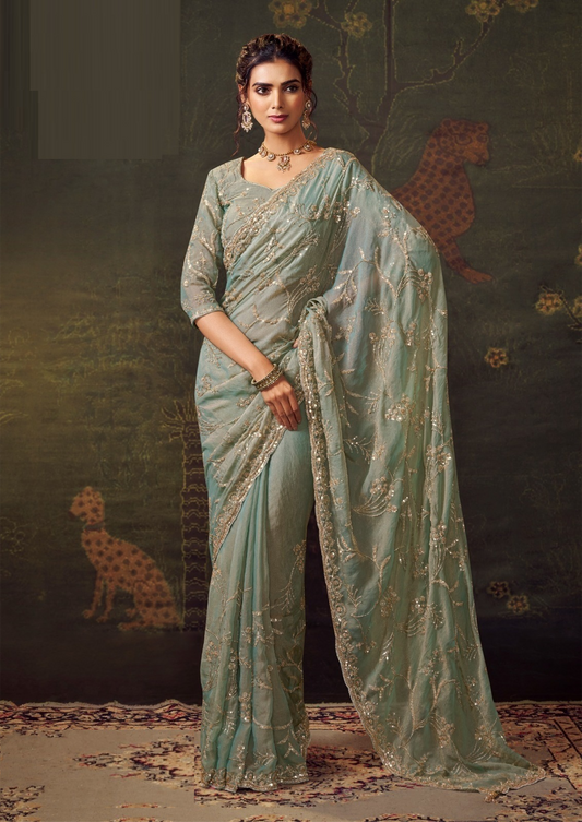 Beautiful Light Blue Tissue Tissue Saree