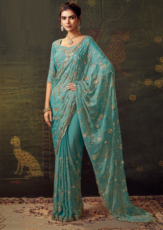 Gorgeous Blue Tissue Tissue Saree