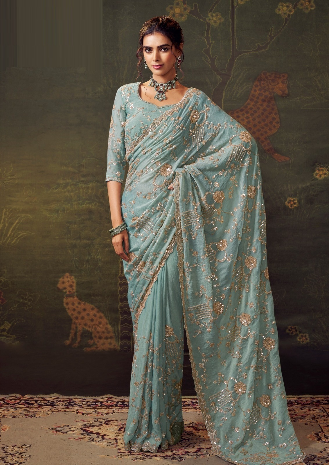 Exquisit Blue Tissue Tissue Saree