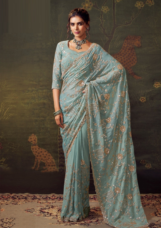 Exquisit Blue Tissue Tissue Saree