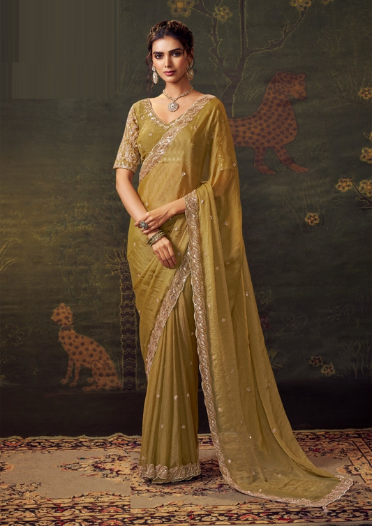 Spectacular Green Tissue Tissue Saree