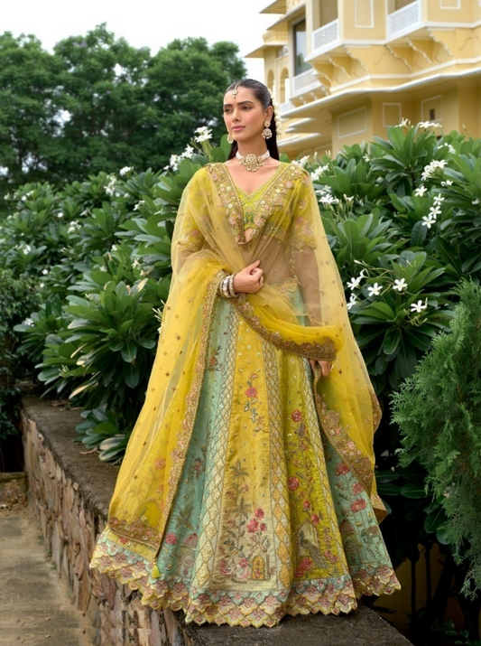 Dazzling Yellow And Sea Green Silk With Embroidery Work Bridal Lehenga