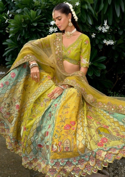 Dazzling Yellow And Sea Green Silk With Embroidery Work Bridal Lehenga