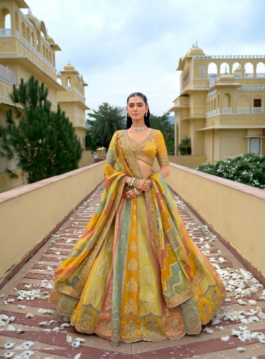 Glamorous Multicolor Silk With Embroidery Work Bridal Lehenga