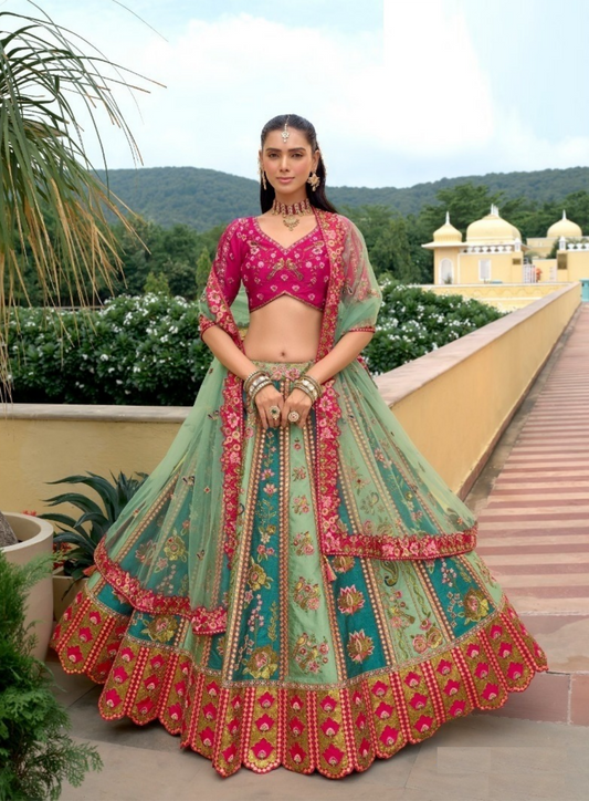 Stylish Blue And Pink Silk With Embroidery Work Bridal Lehenga