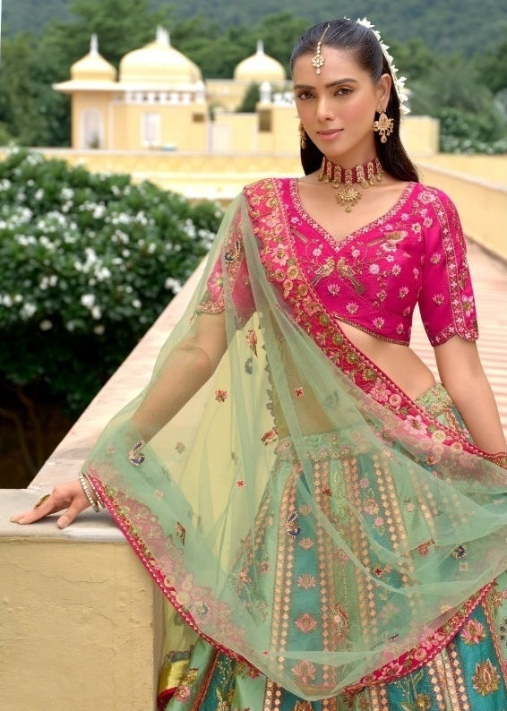 Stylish Blue And Pink Silk With Embroidery Work Bridal Lehenga
