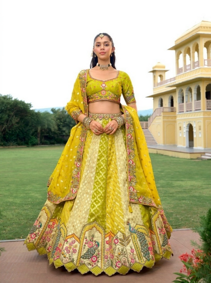 Sleek Lemon Yellow Silk With Embroidery Work Bridal Lehenga