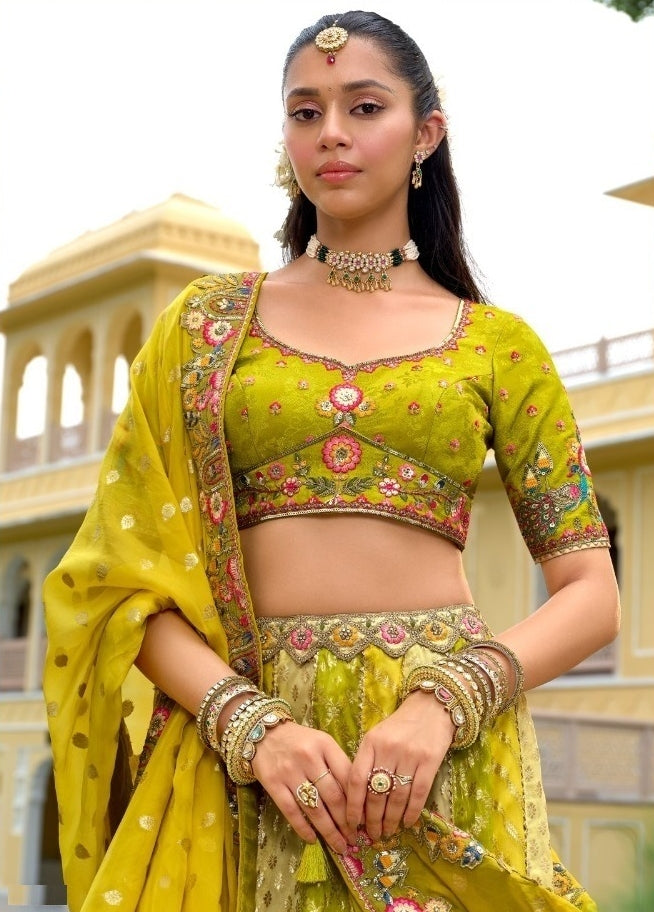 Sleek Lemon Yellow Silk With Embroidery Work Bridal Lehenga