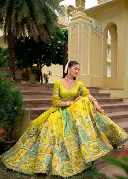 Exquisite Yellow And Blue Silk With Embroidery Work Bridal Lehenga