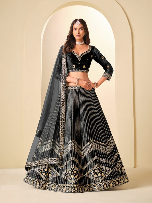 Polished Black Velvet Semi-Stitched Traditional Lehenga