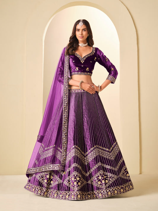 Opulent Purple Velvet Semi-Stitched Traditional Lehenga