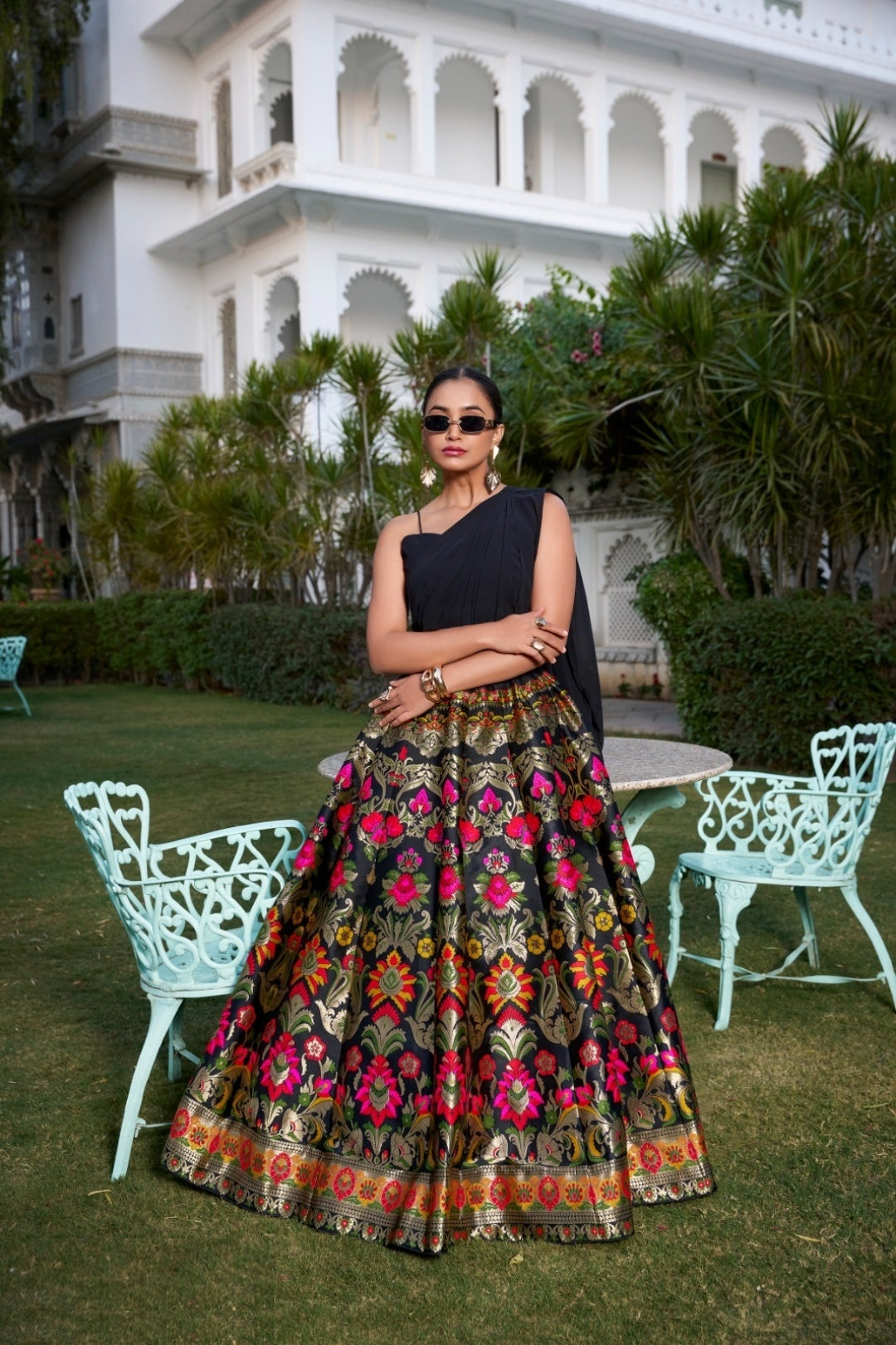 Women Black Banarasi Silk Choli & Skirt Set