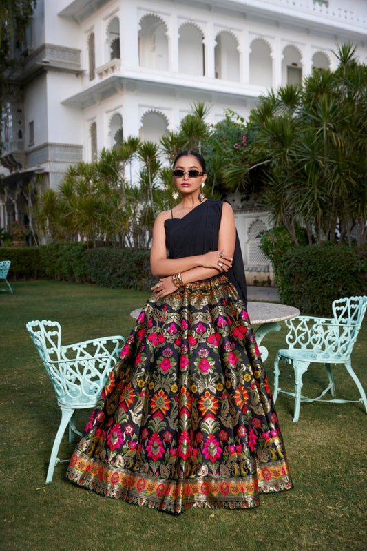 Women Black Banarasi Silk Choli & Skirt Set