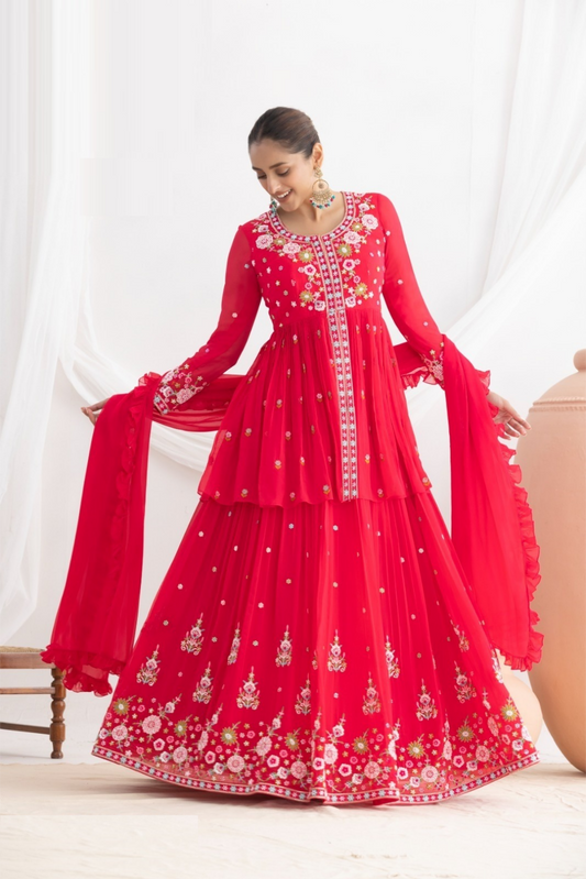 Women Red Georgette Beads Work Lehenga Bottom Suit Set