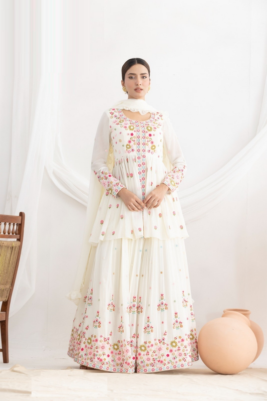 Women White Georgette Beads Work Lehenga Bottom Suit Set