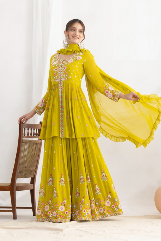 Women Mustard Georgette Beads Work Lehenga Bottom Suit Set