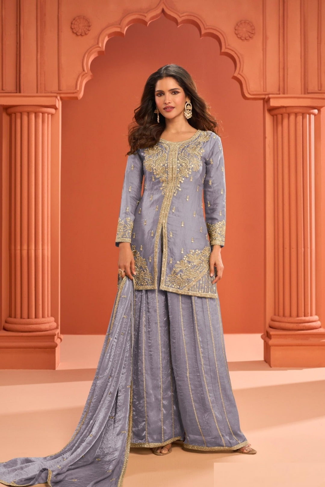 Women Grey Fandy Silk With Embroidery Work Palazzo Bottom Suit Set