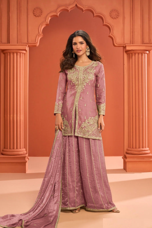 Women Dusty Pink Fandy Silk With Embroidery Work Palazzo Bottom Suit Set