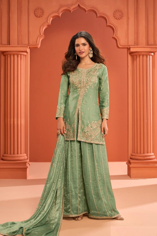 Women Sea Green Fandy Silk With Embroidery Work Palazzo Bottom Suit Set