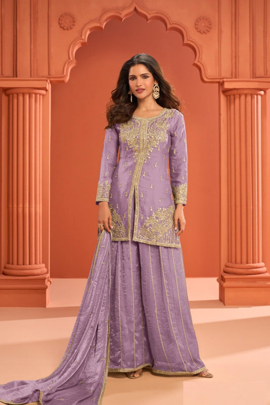 Women Lilac Fandy Silk With Embroidery Work Palazzo Bottom Suit Set
