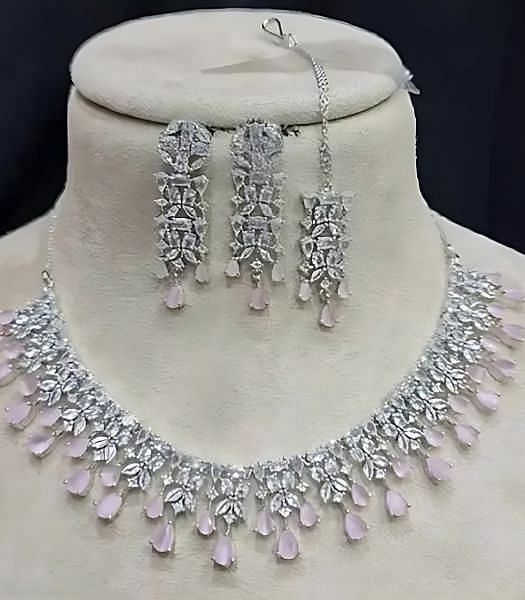 Elegant Silver Necklace and Earring Set with Pink Stones