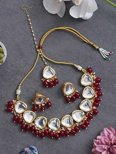 Elegant Kundan Necklace Set with Red Beads
