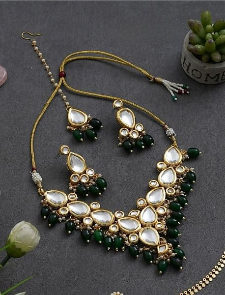 Elegant Kundan Necklace Set with Green Beads