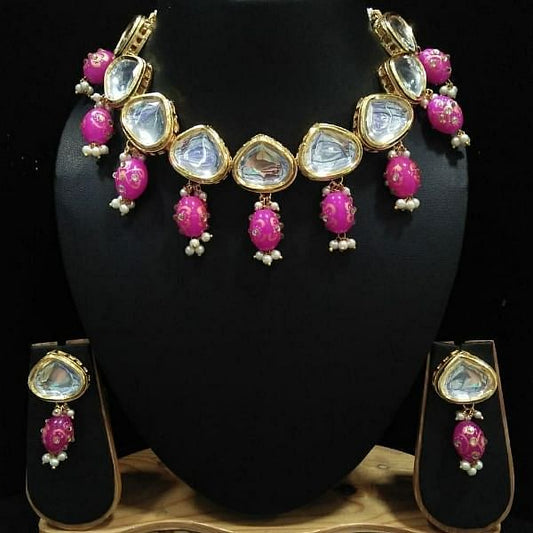 Exquisite Kundan and Pink Bead Necklace Set with Earrings