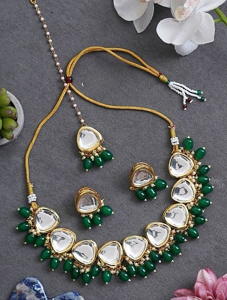 Elegant Kundan Necklace Set with Green Beads