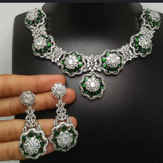 Elegant Green and White Floral Necklace and Earring Set