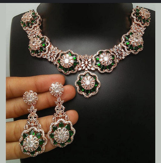Elegant Green and White Crystal Necklace and Earring Set