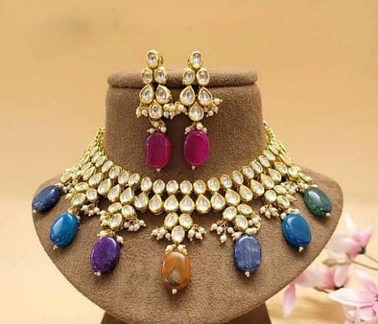 Elegant Multi-Gemstone Kundan Necklace Set with Earrings