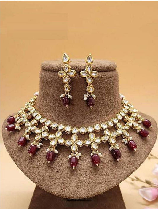 Elegant Gold-Plated Necklace Set with Ruby Drops