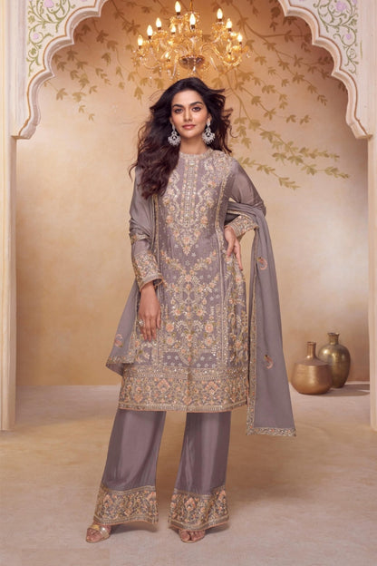 Women Violet Chinon With Embroidery Hand Work Pant Bottom Suit Set
