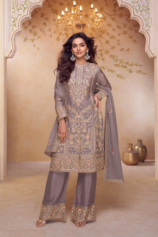 Women Violet Chinon With Embroidery Hand Work Pant Bottom Suit Set