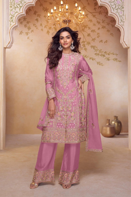 Women Pink Chinon With Embroidery Hand Work Pant Bottom Suit Set