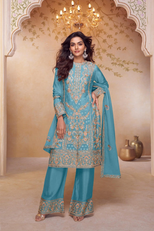 Women Blue Chinon With Embroidery Hand Work Pant Bottom Suit Set