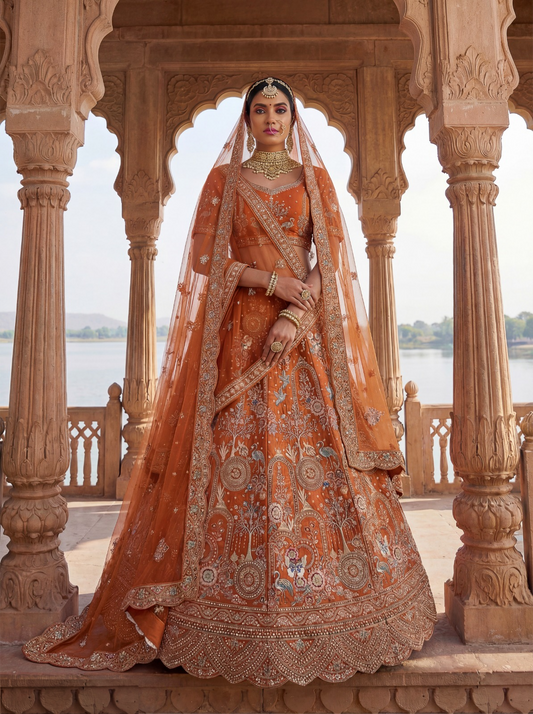 Flattering Rust Silk Bridal Lehenga