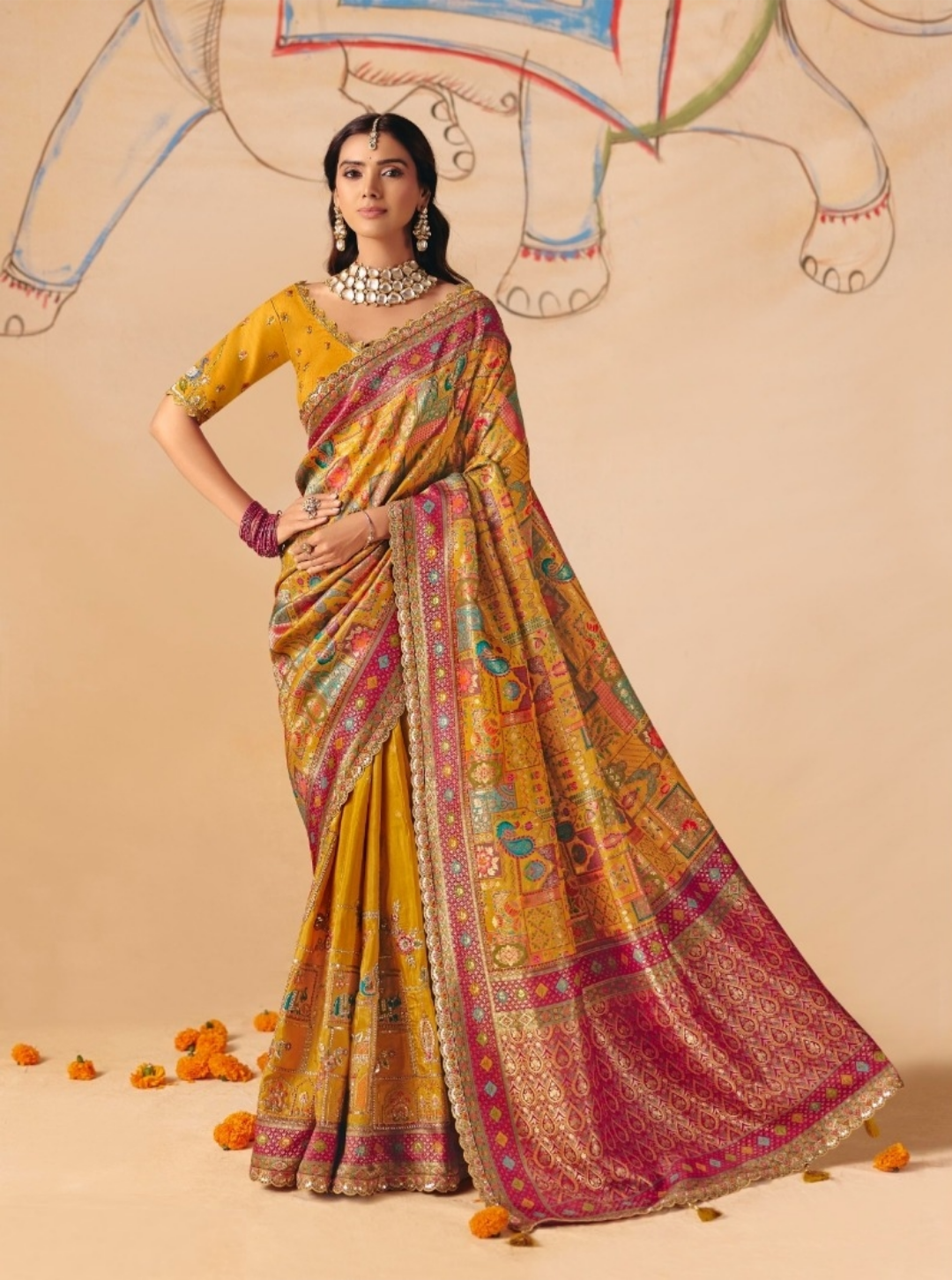 Flattering Mustard Dola Zari Silk Bridal Saree