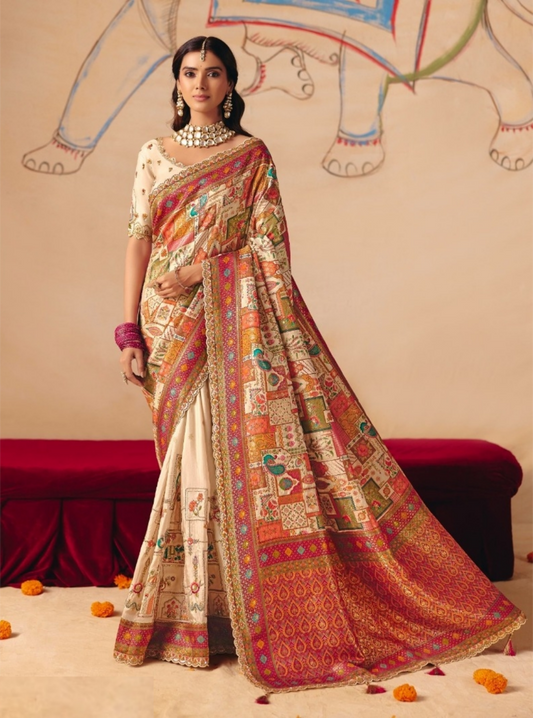 Sublime Cream Dola Zari Silk Bridal Saree