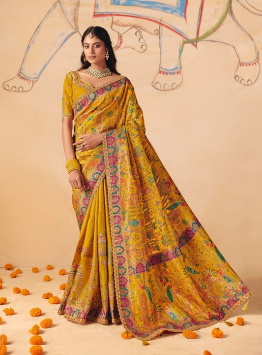 Sumptuous Yellow Dola Zari Silk Bridal Saree