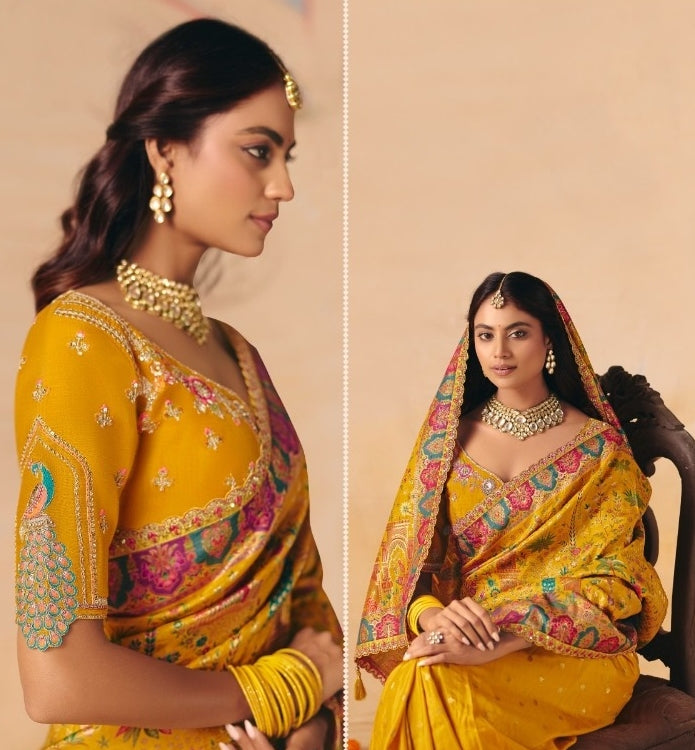 Sumptuous Yellow Dola Zari Silk Bridal Saree