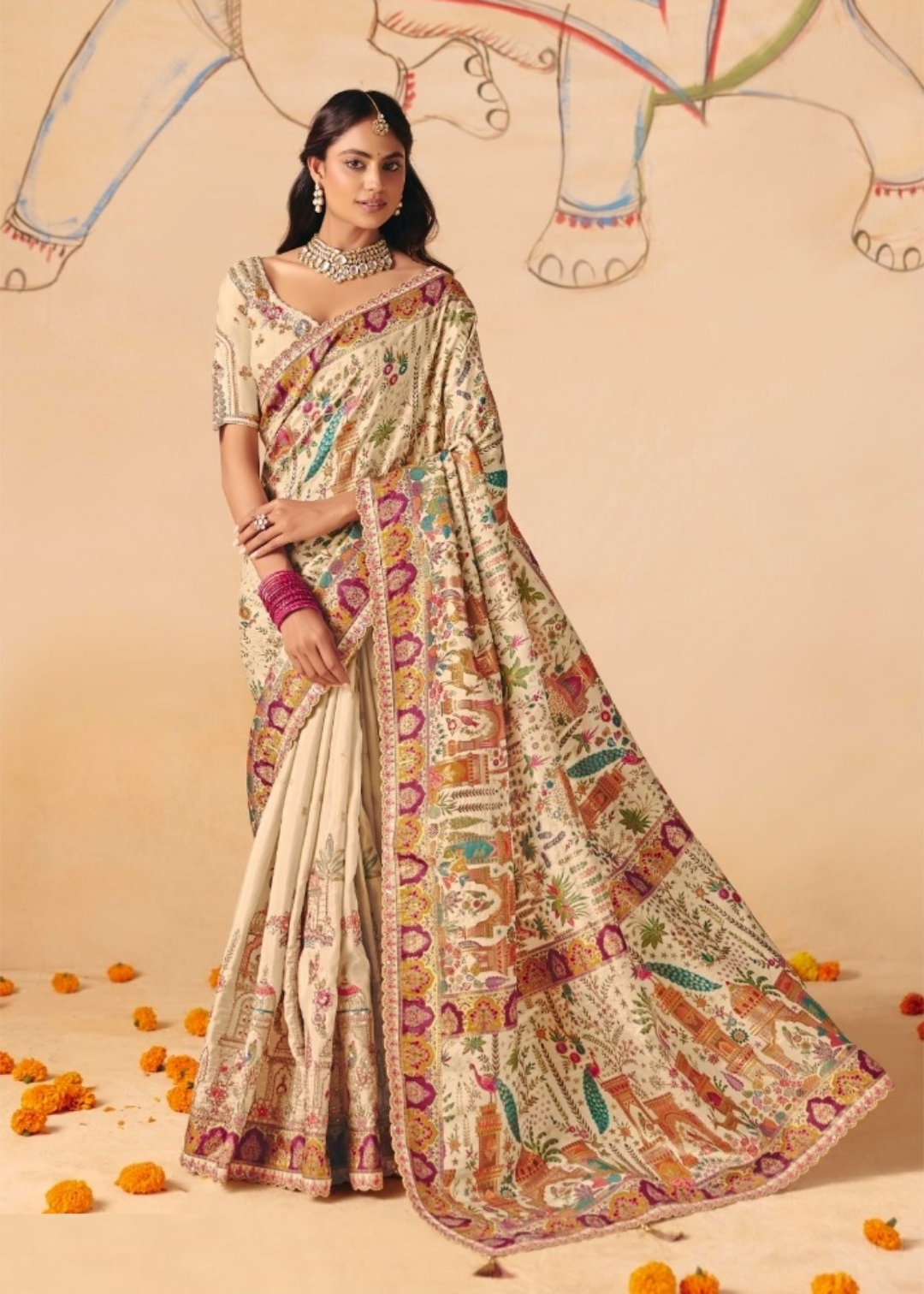 Statement-Making Off White Dola Zari Silk Bridal Saree