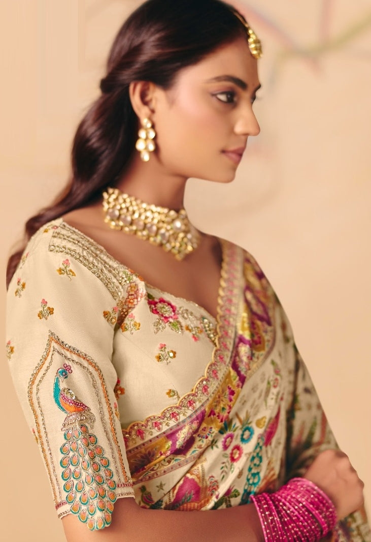 Statement-Making Off White Dola Zari Silk Bridal Saree