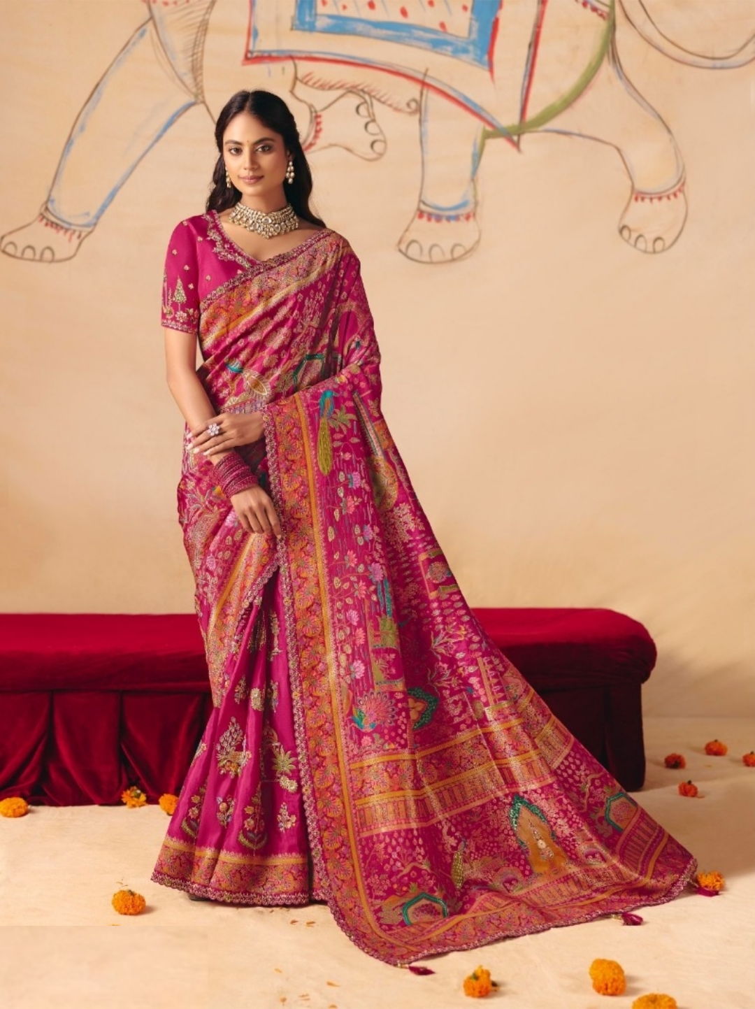 Couture Dark Pink Dola Zari Silk Bridal Saree