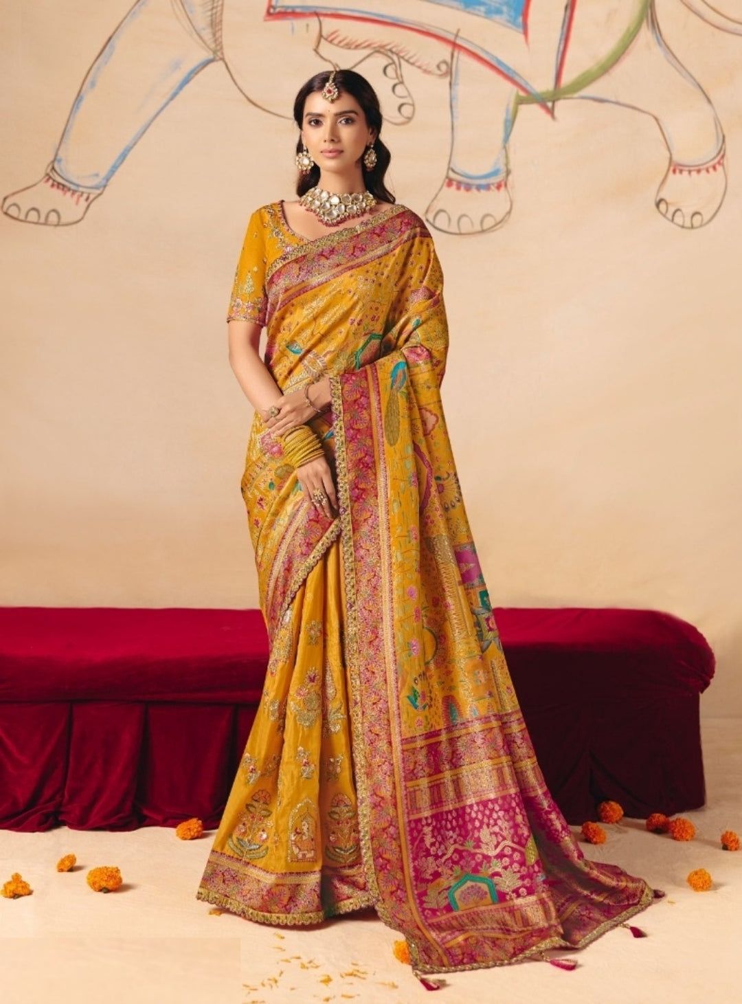 Tailored-To-Perfection Mustard Dola Zari Silk Bridal Saree