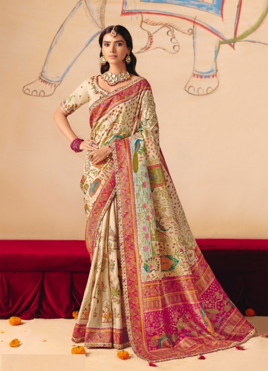 Lustrous Off White Dola Zari Silk Bridal Saree