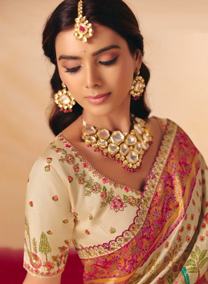 Lustrous Off White Dola Zari Silk Bridal Saree